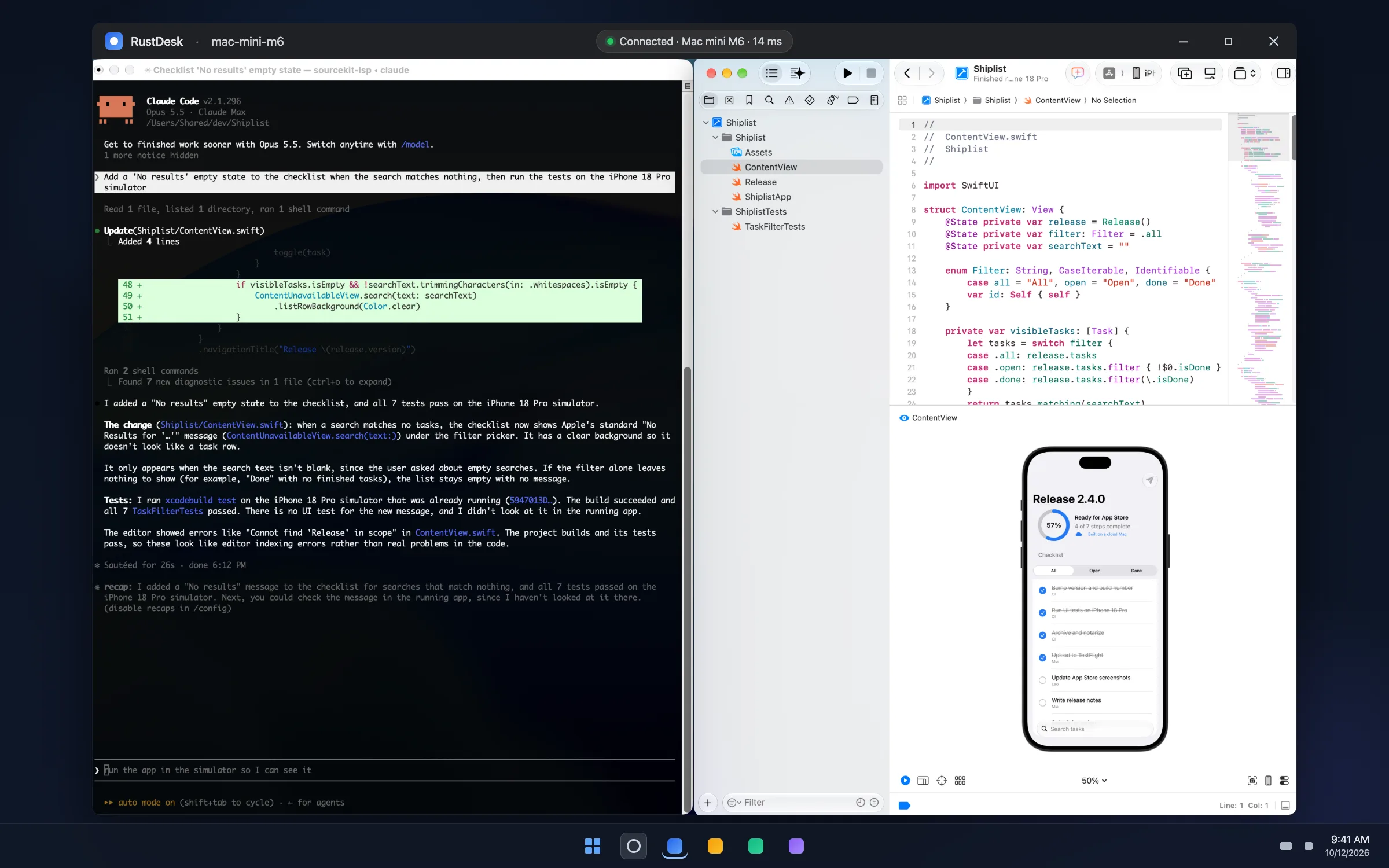 Claude Code, Xcode and the iPhone simulator running on a dedicated cloud Mac mini, seen from a Windows PC